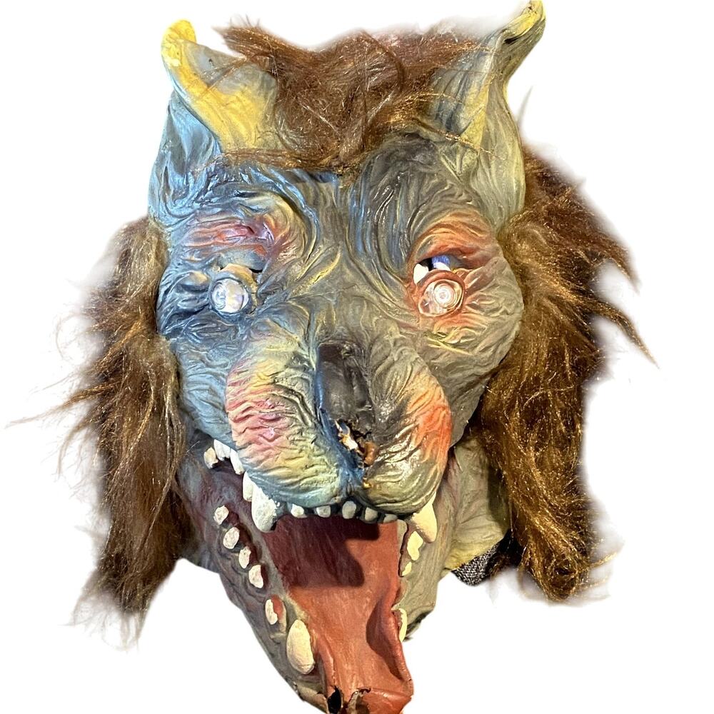 Vintage Rubie's Werewolf Mask Latex Rubber Wig Light Up Eyes New Deadstock